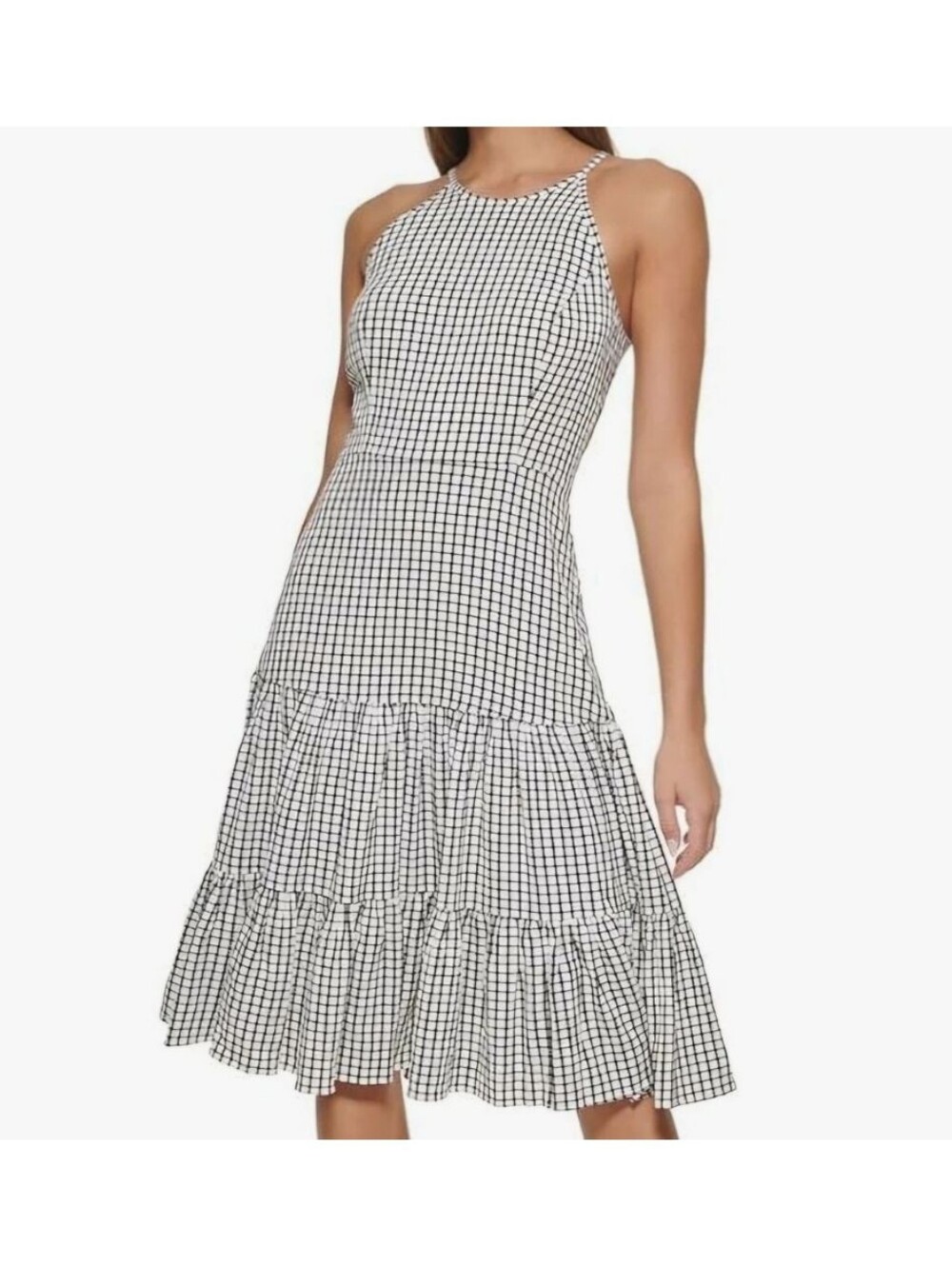 Tommy Hilfiger Black And White Windowpane Halter Neck Tiered Skirt Dress